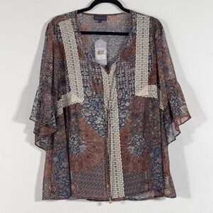 Artesia Peasant Tasseled Top Womens Sz XL Bell Sleeves Crotchet Detail Boho